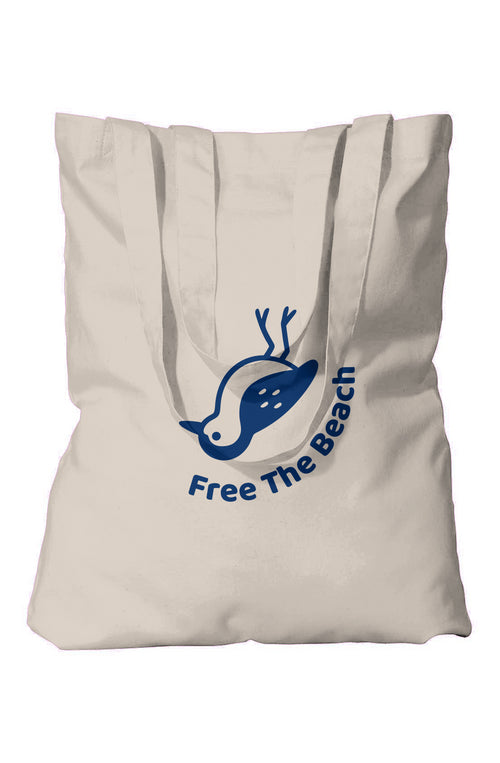 Eco-friendly reusable beach tote bag with Free The Beach design