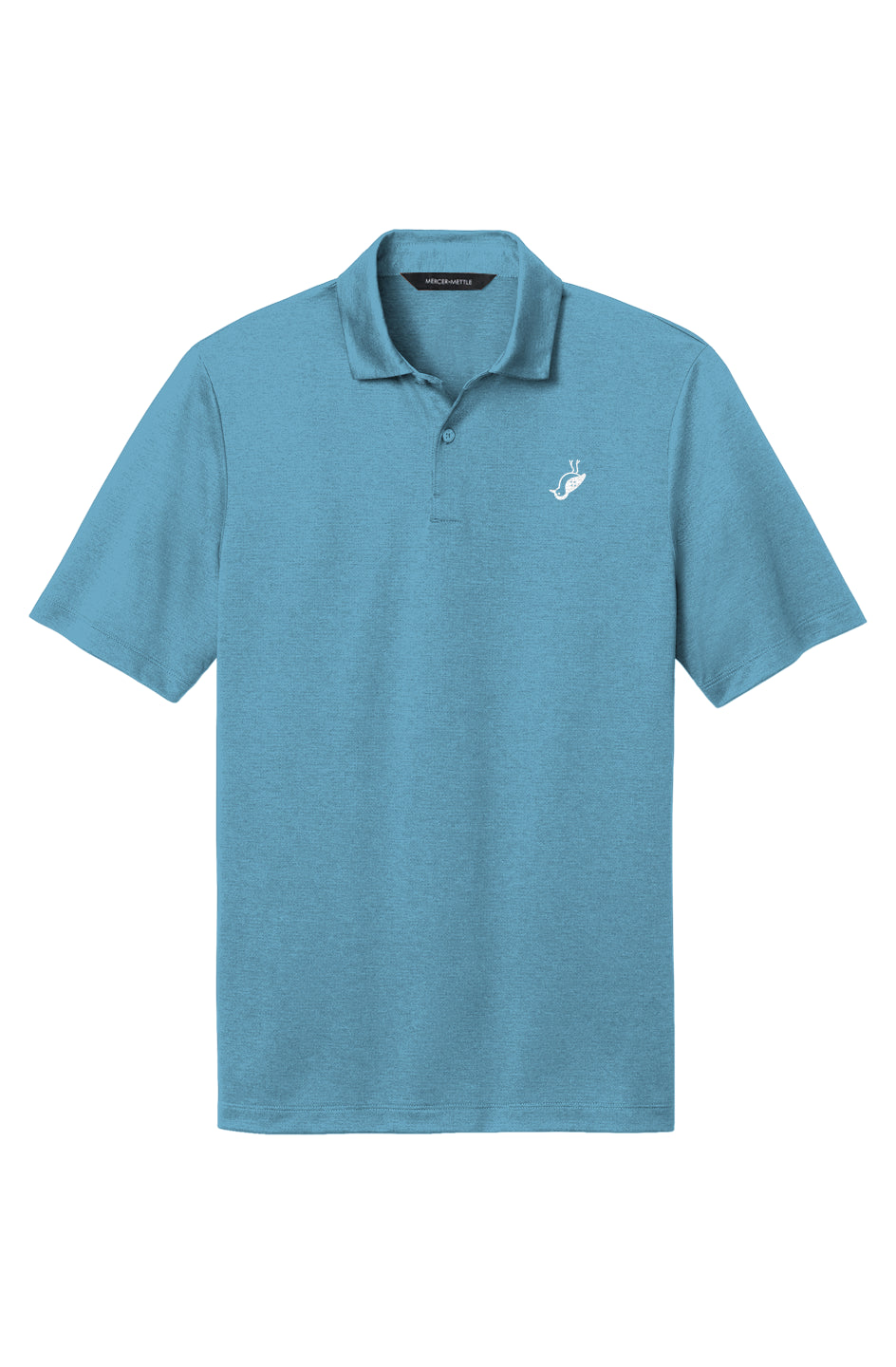 Harbor Blue Heather performance polo shirt with Free The Beach logo